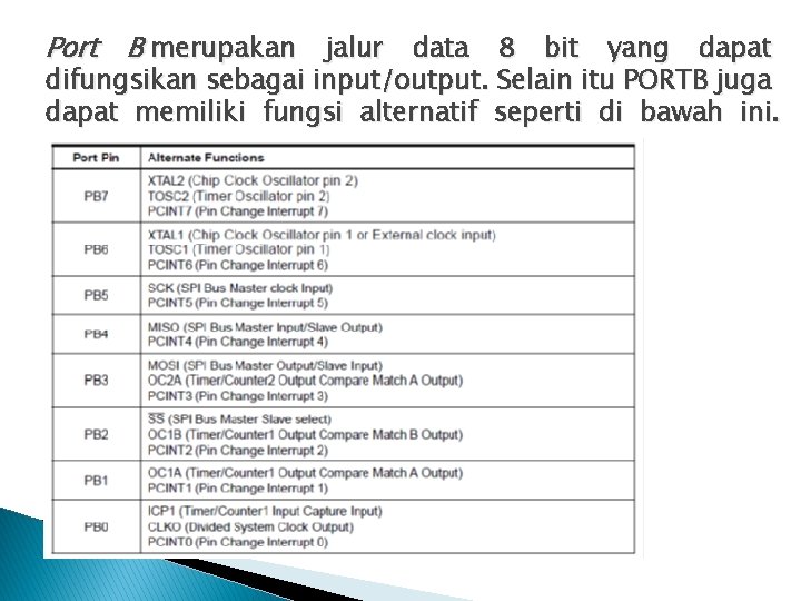 Port B merupakan jalur data 8 bit yang dapat difungsikan sebagai input/output. Selain itu