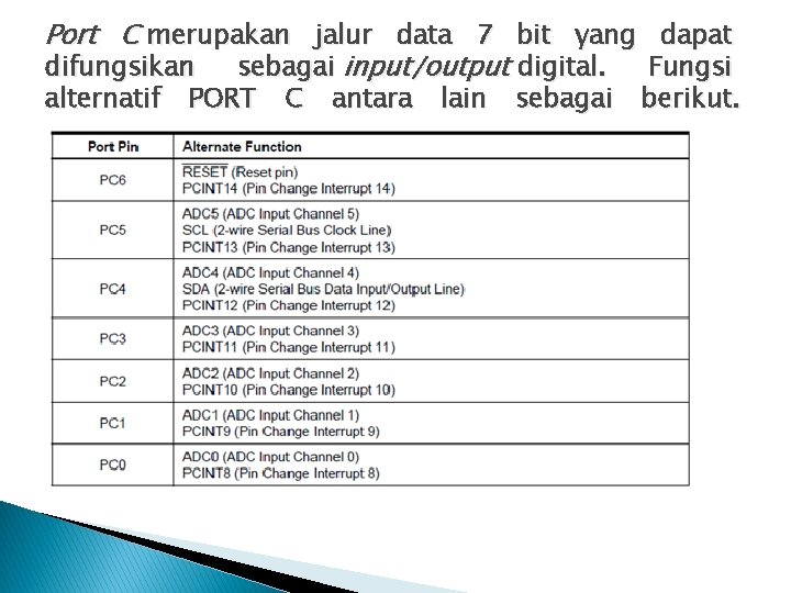 Port C merupakan jalur data 7 bit yang dapat difungsikan sebagai input/output digital. Fungsi