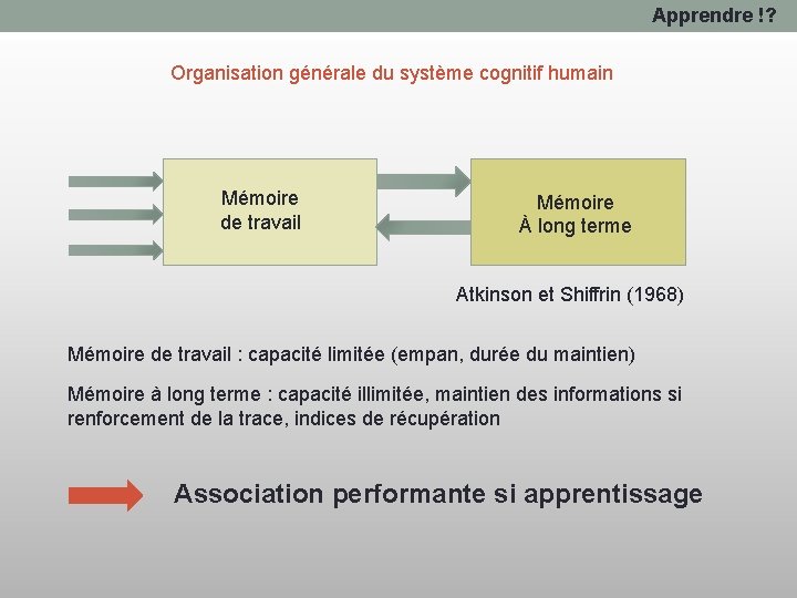 Apprendre !? Organisation générale du système cognitif humain Mémoire de travail Mémoire À long