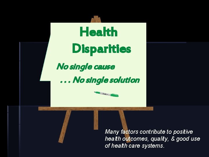 Health Disparities No single cause. . . No single solution Many factors contribute to