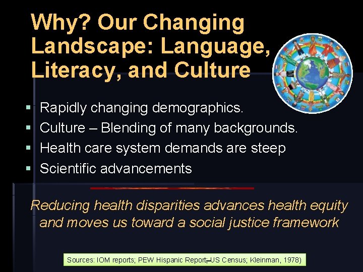 Why? Our Changing Landscape: Language, Literacy, and Culture § § Rapidly changing demographics. Culture