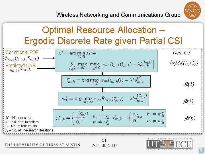 Wireless Networking and Communications Group Optimal Resource Allocation – Ergodic Discrete Rate given Partial