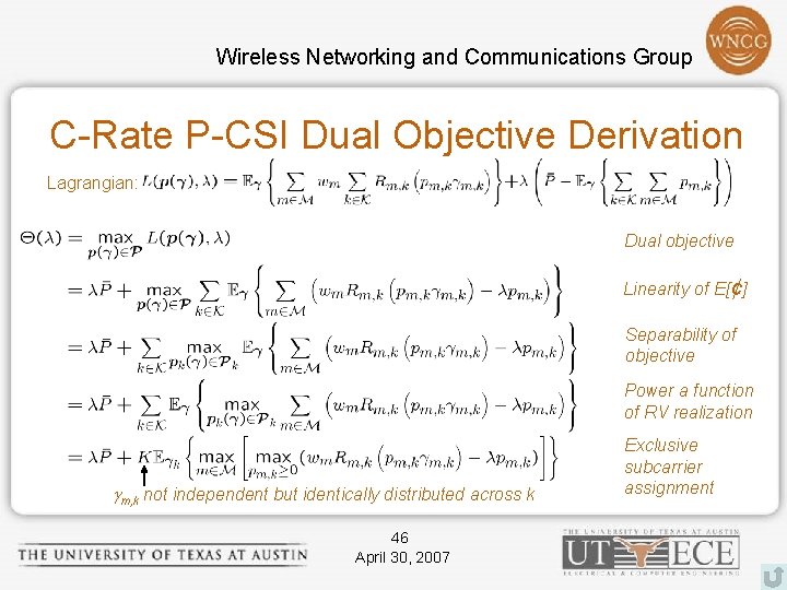 Wireless Networking and Communications Group C-Rate P-CSI Dual Objective Derivation Lagrangian: Dual objective Linearity