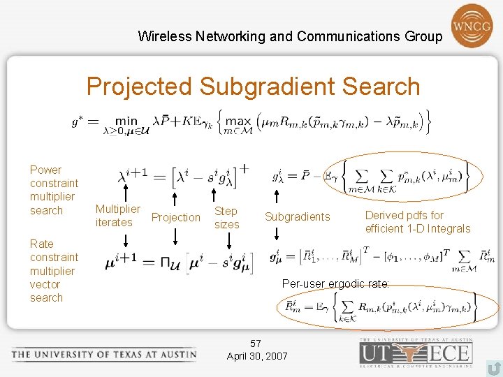 Wireless Networking and Communications Group Projected Subgradient Search Power constraint multiplier search Rate constraint