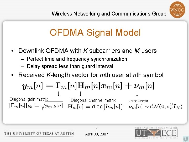 Wireless Networking and Communications Group OFDMA Signal Model • Downlink OFDMA with K subcarriers