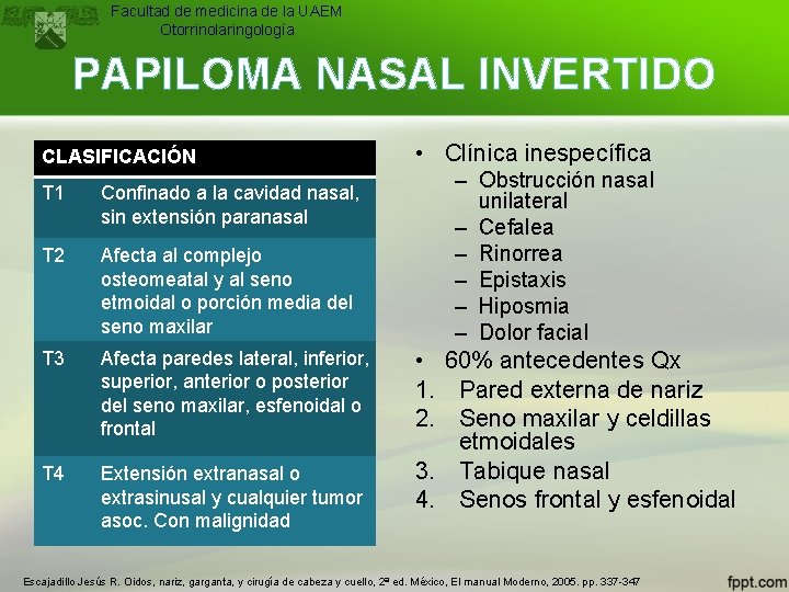 Facultad de medicina de la UAEM Otorrinolaringología PAPILOMA NASAL INVERTIDO CLASIFICACIÓN T 1 Confinado