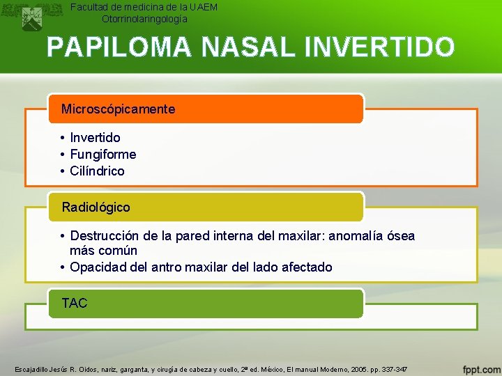 Facultad de medicina de la UAEM Otorrinolaringología PAPILOMA NASAL INVERTIDO Microscópicamente • Invertido •