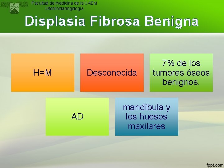 Facultad de medicina de la UAEM Otorrinolaringología Displasia Fibrosa Benigna H=M Desconocida AD 7%
