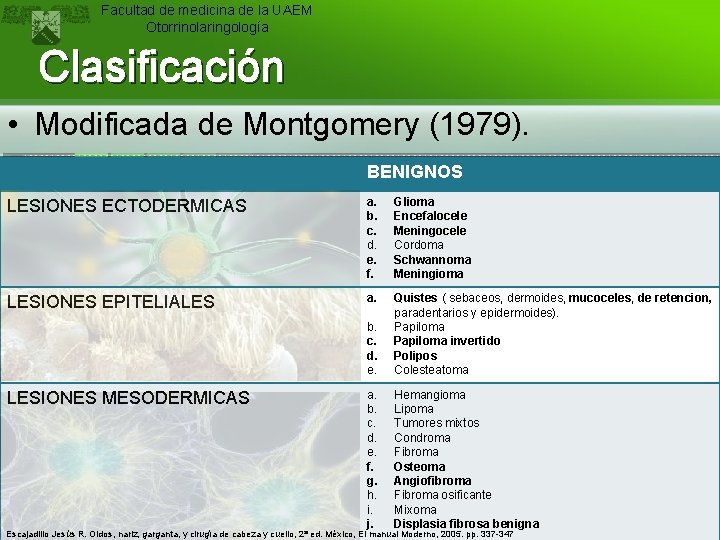 Facultad de medicina de la UAEM Otorrinolaringología Clasificación • Modificada de Montgomery (1979). BENIGNOS
