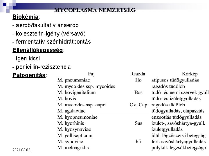 MYCOPLASMA NEMZETSÉG Biokémia: - aerob/fakultatív anaerob - koleszterin-igény (vérsavó) - fermentatív szénhidrátbontás Ellenállóképesség: -