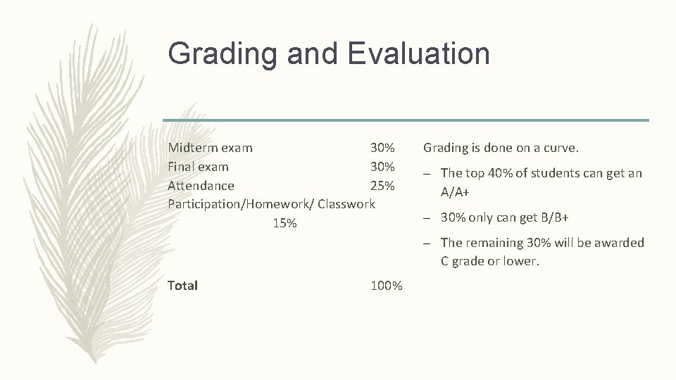 Grading and Evaluation Midterm exam 30% Final exam 30% Attendance 25% Participation/Homework/ Classwork 15% Grading and Evaluation Midterm exam 30% Final exam 30% Attendance 25% Participation/Homework/ Classwork 15%