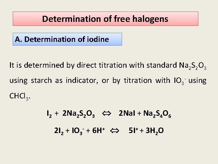 Determination of free halogens A. Determination of iodine It is determined by direct titration