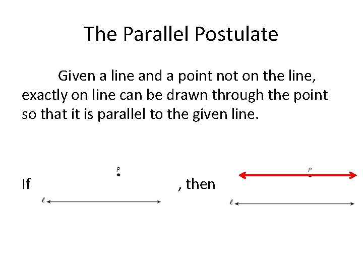 The Parallel Postulate Given a line and a point not on the line, exactly