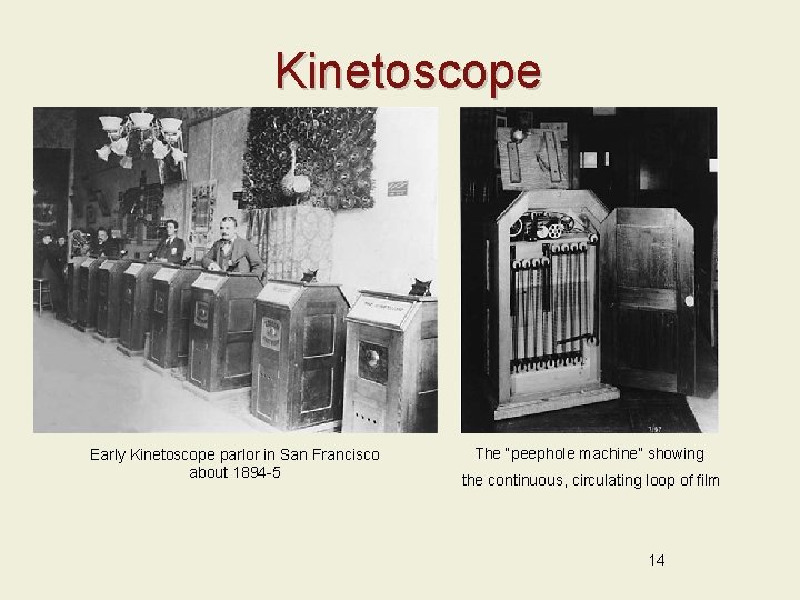 Kinetoscope Early Kinetoscope parlor in San Francisco about 1894 -5 The “peephole machine” showing