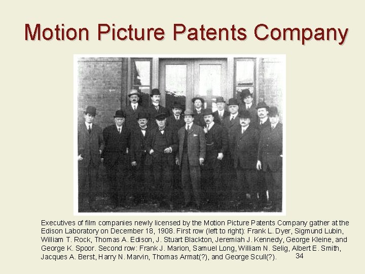 Motion Picture Patents Company Executives of film companies newly licensed by the Motion Picture