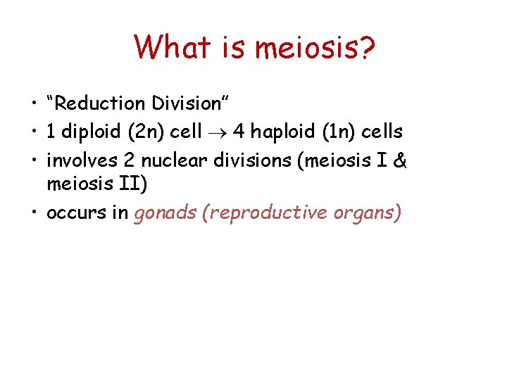 What is meiosis? • “Reduction Division” • 1 diploid (2 n) cell 4 haploid