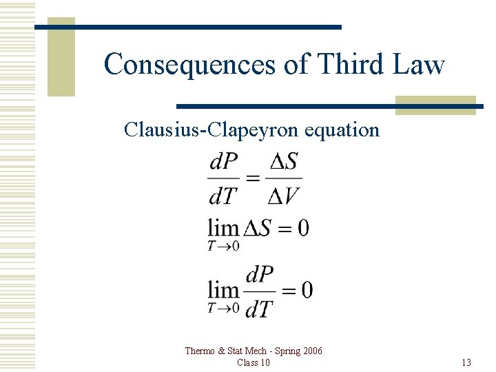 Consequences of Third Law Clausius-Clapeyron equation Thermo & Stat Mech - Spring 2006 Class