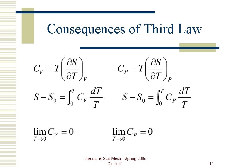 Consequences of Third Law Thermo & Stat Mech - Spring 2006 Class 10 14