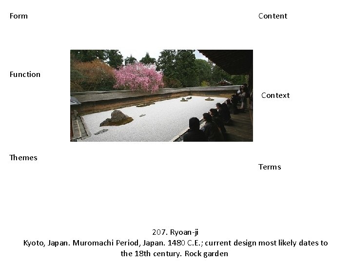 Form Content Function Context Themes Terms 207. Ryoan-ji Kyoto, Japan. Muromachi Period, Japan. 1480