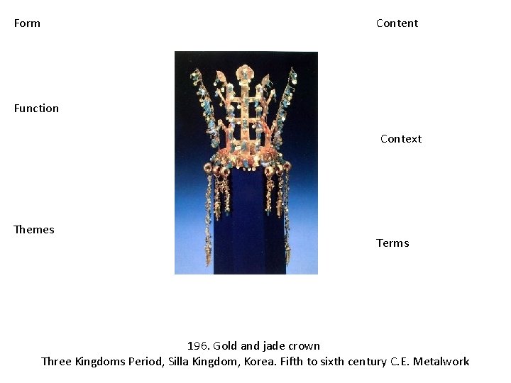 Form Content Function Context Themes Terms 196. Gold and jade crown Three Kingdoms Period,