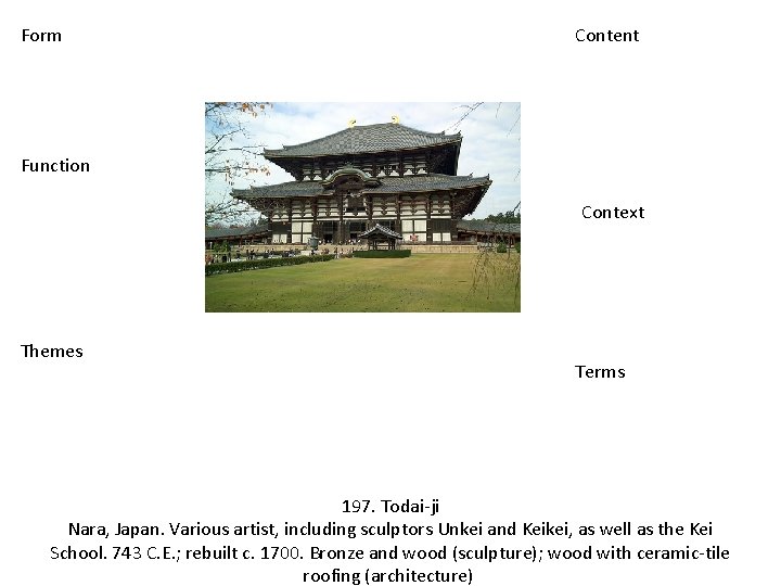 Form Content Function Context Themes Terms 197. Todai-ji Nara, Japan. Various artist, including sculptors