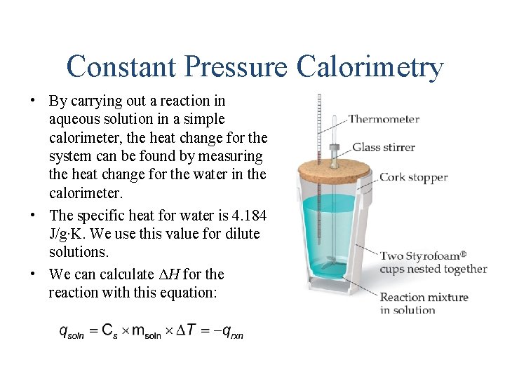 Constant Pressure Calorimetry • By carrying out a reaction in aqueous solution in a