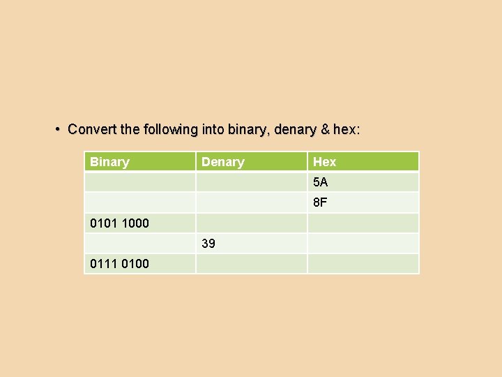  • Convert the following into binary, denary & hex: Binary Denary Hex 5