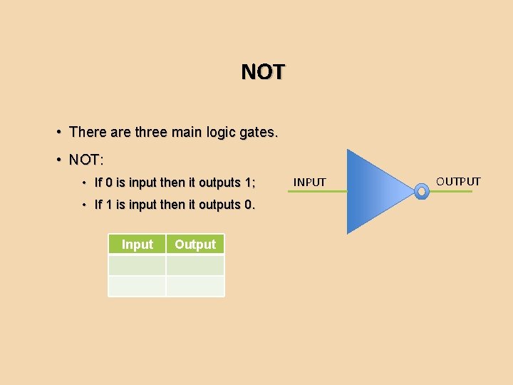 NOT • There are three main logic gates. • NOT: • If 0 is