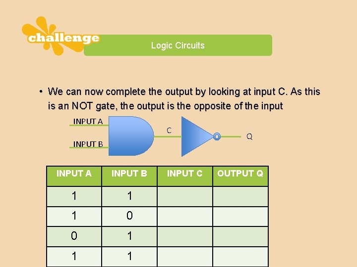 Logic Circuits • We can now complete the output by looking at input C.