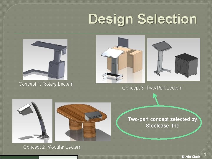Design Selection Concept 1: Rotary Lectern Concept 3: Two-Part Lectern Two-part concept selected by