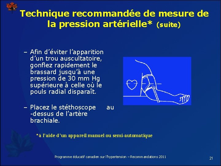 Technique recommandée de mesure de la pression artérielle* (suite) – Afin d’éviter l’apparition d’un