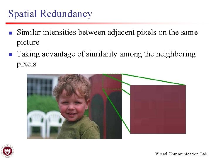 Spatial Redundancy n n Similar intensities between adjacent pixels on the same picture Taking