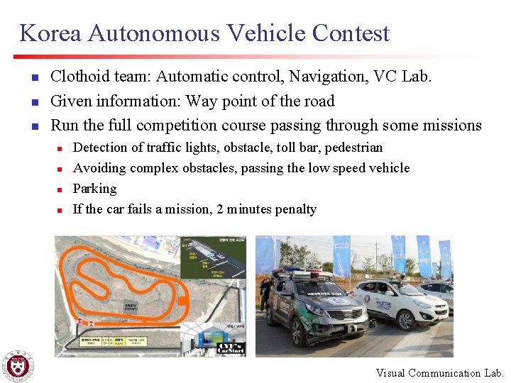 Korea Autonomous Vehicle Contest n n n Clothoid team: Automatic control, Navigation, VC Lab.