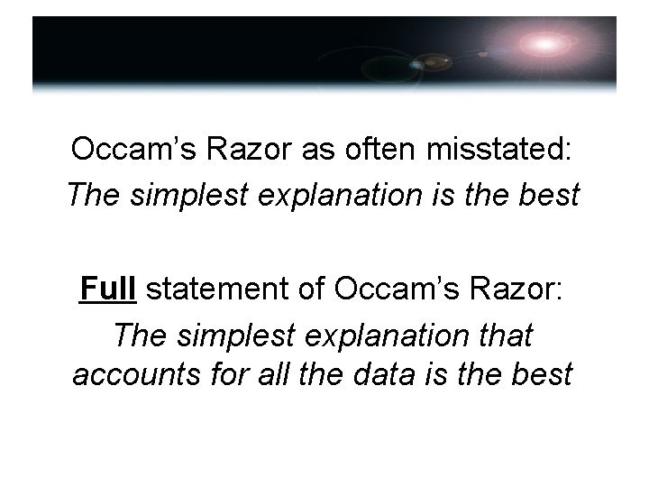 Occam’s Razor as often misstated: The simplest explanation is the best Full statement of