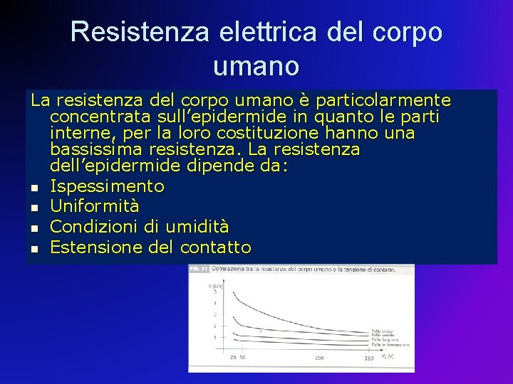 Resistenza elettrica del corpo umano La resistenza del corpo umano è particolarmente concentrata sull’epidermide