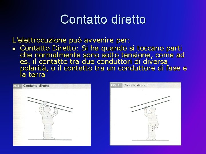 Contatto diretto L’elettrocuzione può avvenire per: n Contatto Diretto: Si ha quando si toccano