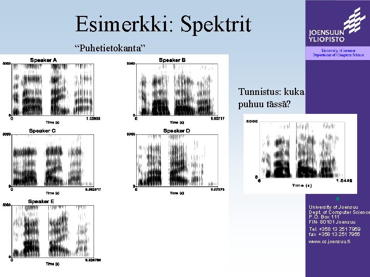 Esimerkki: Spektrit “Puhetietokanta” Tunnistus: kuka puhuu tässä? University of Joensuu Dept. of Computer Science