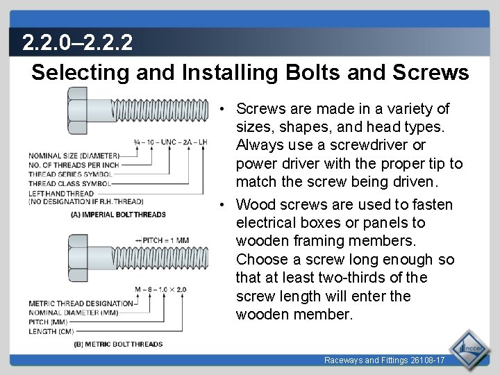 2. 2. 0– 2. 2. 2 Selecting and Installing Bolts and Screws • Screws