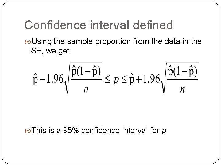 Confidence interval defined Using the sample proportion from the data in the SE, we Confidence interval defined Using the sample proportion from the data in the SE, we