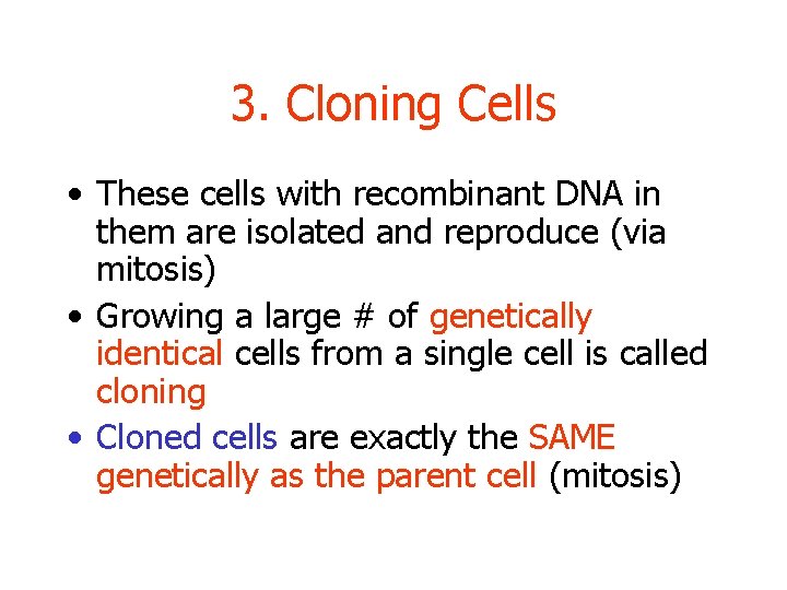 3. Cloning Cells • These cells with recombinant DNA in them are isolated and