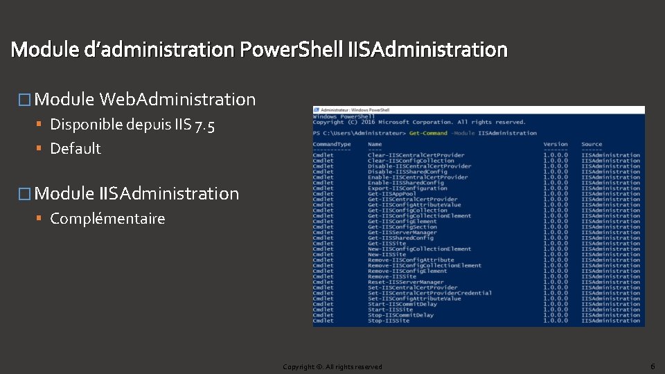 Module d’administration Power. Shell IISAdministration � Module Web. Administration Disponible depuis IIS 7. 5 Module d’administration Power. Shell IISAdministration � Module Web. Administration Disponible depuis IIS 7. 5
