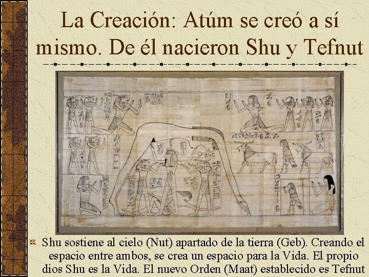 La Creación: Atúm se creó a sí mismo. De él nacieron Shu y Tefnut La Creación: Atúm se creó a sí mismo. De él nacieron Shu y Tefnut