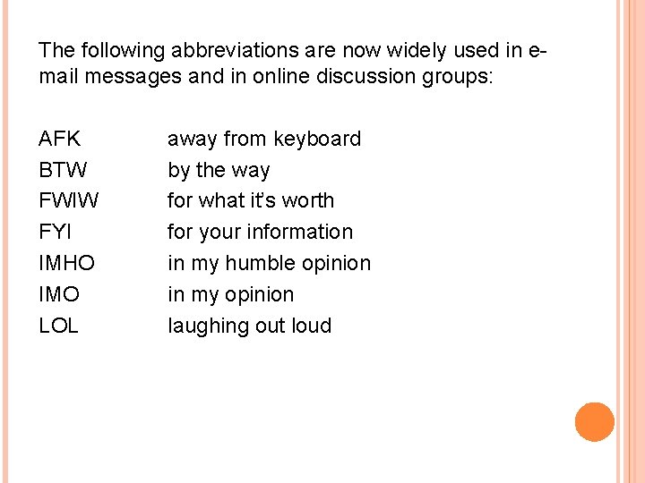 The following abbreviations are now widely used in email messages and in online discussion The following abbreviations are now widely used in email messages and in online discussion