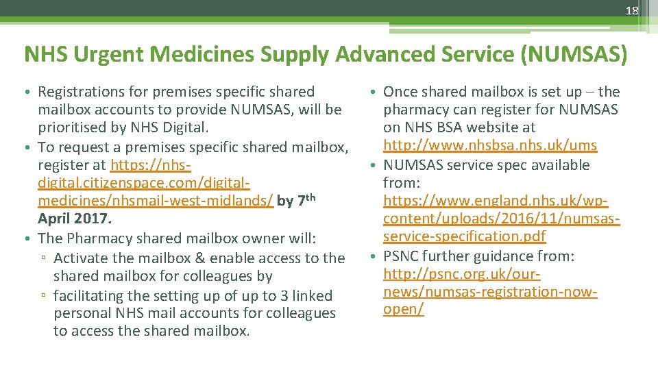 18 NHS Urgent Medicines Supply Advanced Service (NUMSAS) • Registrations for premises specific shared