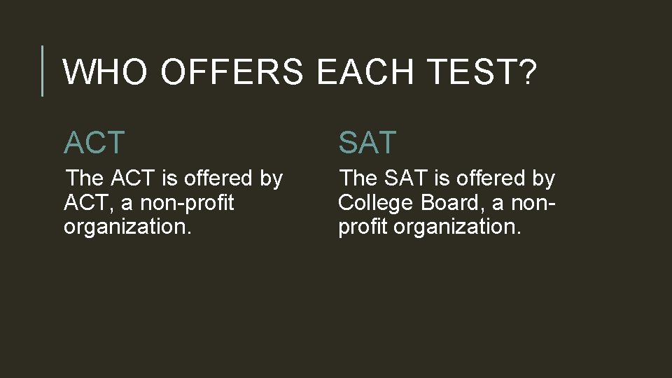WHO OFFERS EACH TEST? ACT SAT The ACT is offered by ACT, a non-profit WHO OFFERS EACH TEST? ACT SAT The ACT is offered by ACT, a non-profit
