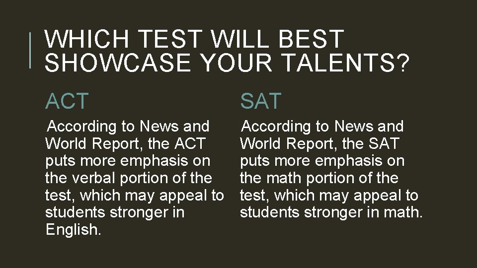 WHICH TEST WILL BEST SHOWCASE YOUR TALENTS? ACT SAT According to News and World WHICH TEST WILL BEST SHOWCASE YOUR TALENTS? ACT SAT According to News and World