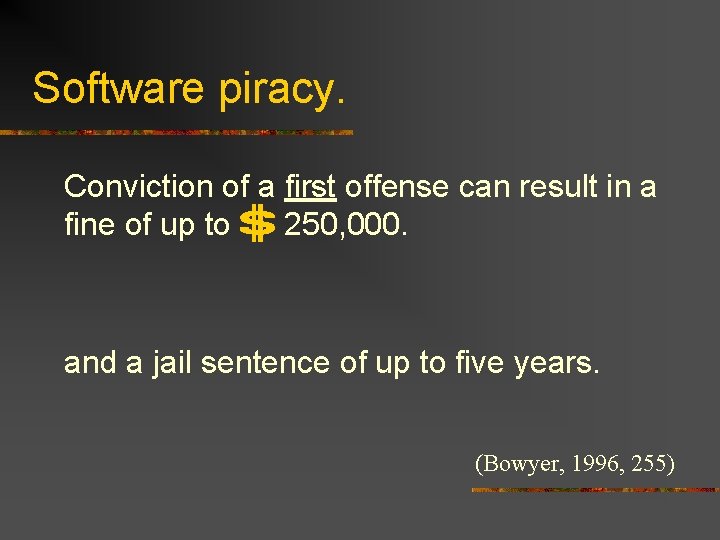 Software piracy. Conviction of a first offense can result in a fine of up