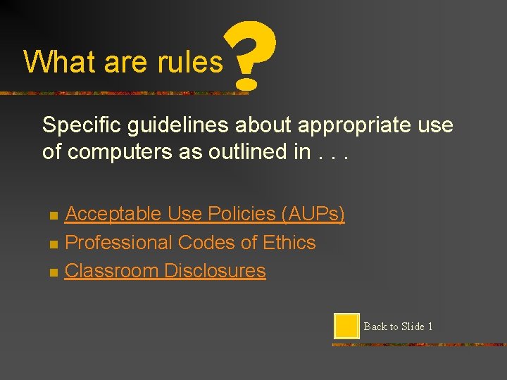 What are rules Specific guidelines about appropriate use of computers as outlined in. .