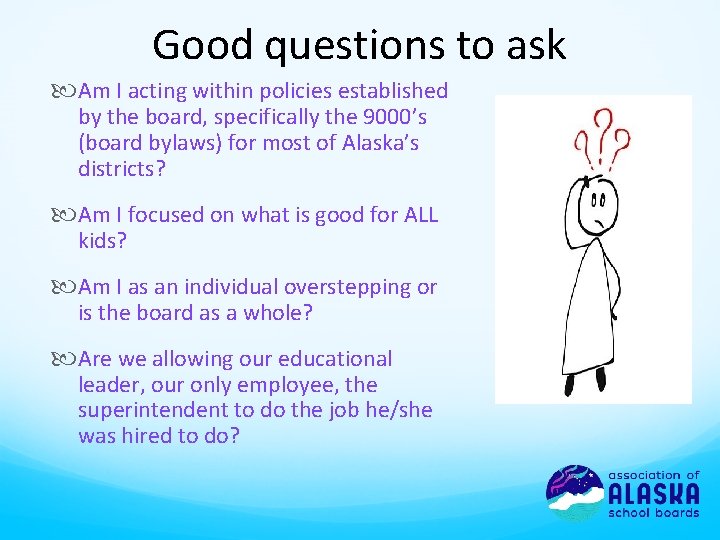 Good questions to ask Am I acting within policies established by the board, specifically