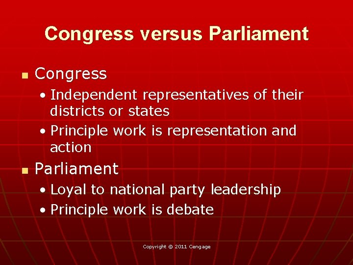 Congress versus Parliament n Congress • Independent representatives of their districts or states •